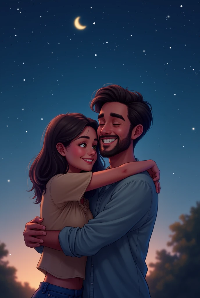 Two very happy best friends hugging each other at night on a starry night