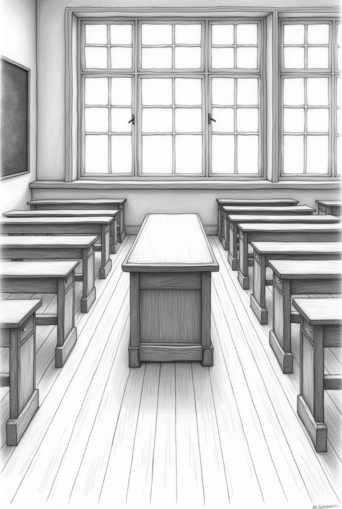 a pencil drawing of a classroom with the teacher&#39;s desk in the center and the students&#39; benches on either side, a blackboard on the wall with large windows