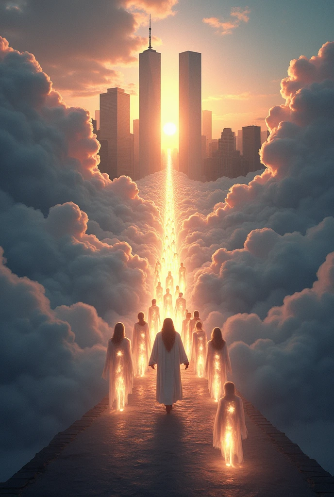 Draw bright bodies following Jesus of Nazareth towards the twin towers that were in New York, the old World Trade Center in the sky and the north tower having an antenna