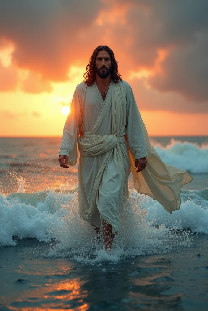 A stunningly realistic depiction of Jesus walking on the surface of a stormy sea. Waves crash beneath his feet, but he strides forward with complete calm and confidence. His robes billow in the wind, and water droplets glisten on his skin. The background is a dramatic sunset, with the sky ablaze in shades of orange and pink. His eyes look directly into the camera, conveying both power and peace, while the water ripples around him in a surreal yet believable way.