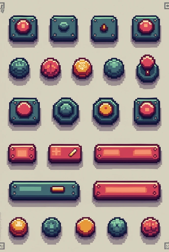a set of pixel style video game buttons and symbols, 1 0 0 0 x 1 0 0 0 pixel art, Pixel Art Style, Pixel Game, Pixel Art Sprite, "Pixel Art", Video Game Actor, High Quality Pixel Art, Video Game Texture, Game Aesthetics, RPG Game Style, Video Game Item, Game Concept Art Sprite Sheet, Computer Game Art