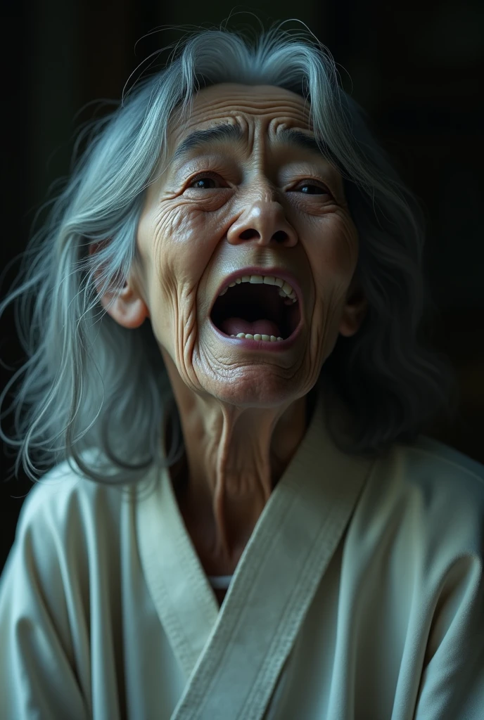 (masterpiece:1.4),(6 Female:1.5),(facial wrinkles 1.2), (Wearing a white kimono), Elderly women, ((90 years old)), Gray Hair, horror film, ((Crying in fear)), View your viewers, ((Japanese)), (Mouth slightly open), Her hair is long and unkempt., The face is turned to the side