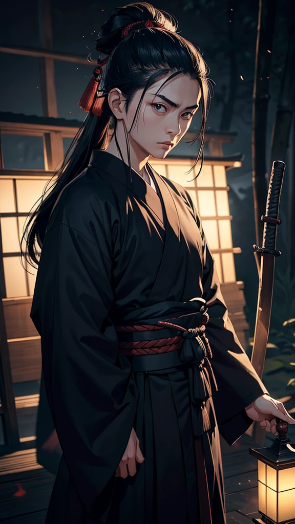 a portrait of miyamoto musashi, the legendary japanese swordsman, standing confidently, stern expression, deep concentration, long black hair tied in topknot, short beard, traditional samurai outfit with dark hakama and kimono, two katana swords crossed over back, bamboo forest at dusk, soft glow of lanterns, mystical atmosphere, relaxed yet ready for combat, mastery of swordsmanship, (best quality,8k,highres,masterpiece:1.2),ultra-detailed,(realistic,photorealistic:1.37),portraits,dark moody lighting,dramatic shadows,muted colors,japanese art,ukiyo-e