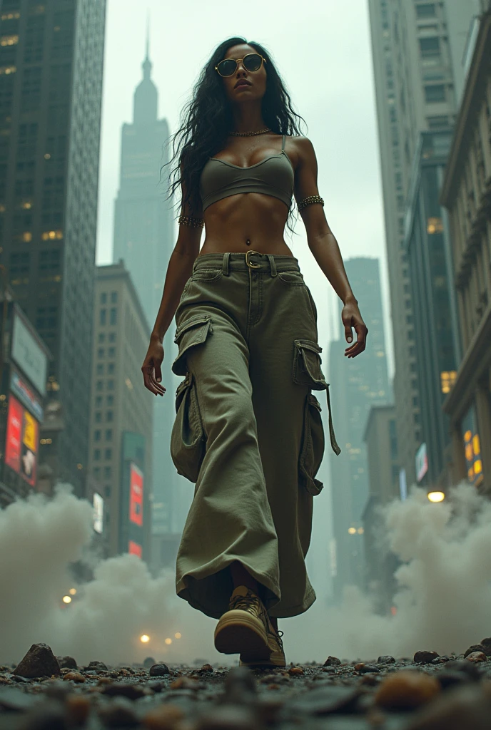 "A towering Giantess Cardi B mom in a cool and laid-back hippie style is rocking a crop top and baggy pants. Her toned and athletic build hints at her massive strength. She seems to be casually strolling through the bustling cityscape of GTS City, as towering buildings loom overhead. Smoke and clouds roil around her, adding to the sense of epic scale and drama. The lighting is dark, gloomy, and realistic, creating a tense and ominous atmosphere. The perspective is from below, emphasizing the sheer majesty and power of the Giantess."