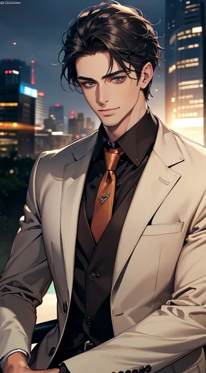 (Highest quality,4K,8K,High resolution,masterpiece:1.2),Super detailed,(Realistic,photoRealistic,photo-Realistic:1.37),1 personld,Mature Men,Beautiful skin、very handsome,Expressionless smile in love,Short gray black hair,green eyes,Sharp Eyes,A perfect face without a doubt,Businessman, CEO, Office Background,Cinema Lighting,HDR image,tie、
