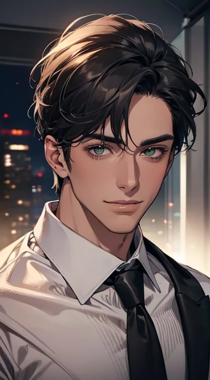 (Highest quality,4K,8K,High resolution,masterpiece:1.2),Super detailed,(Realistic,photoRealistic,photo-Realistic:1.37),1 personld,Mature Men,Beautiful skin、very handsome,Expressionless smile in love,Short gray black hair,green eyes,Sharp Eyes,A perfect face without a doubt,Businessman, CEO, Office Background,Cinema Lighting,HDR image,tie、