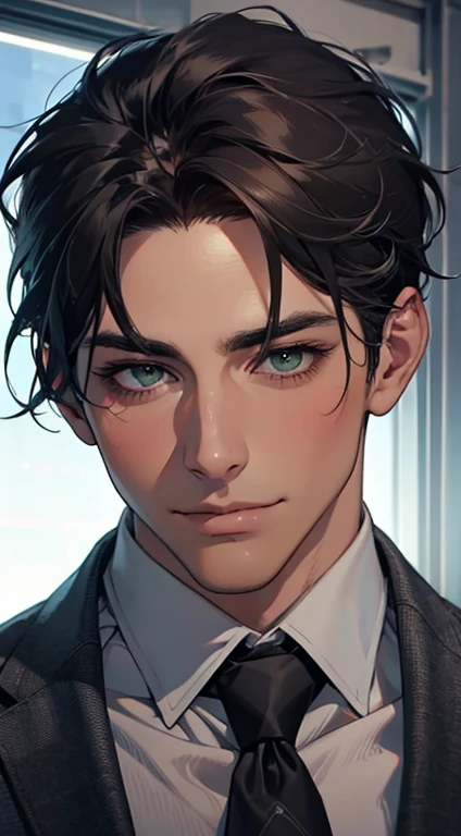 (Highest quality,4K,8K,High resolution,masterpiece:1.2),Super detailed,(Realistic,photoRealistic,photo-Realistic:1.37),1 personld,Mature Men,Beautiful skin、very handsome,Expressionless smile in love,Short gray black hair,green eyes,Sharp Eyes,A perfect face without a doubt,Businessman, CEO, Office Background,Cinema Lighting,HDR image,tie、