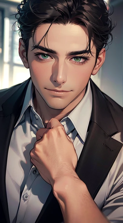 (Highest quality,4K,8K,High resolution,masterpiece:1.2),Super detailed,(Realistic,photoRealistic,photo-Realistic:1.37),1 personld,Mature Men,Beautiful skin、very handsome,Expressionless smile in love,Short gray black hair,green eyes,Sharp Eyes,A perfect face without a doubt,Businessman, CEO, Office Background,Cinema Lighting,HDR image,tie、