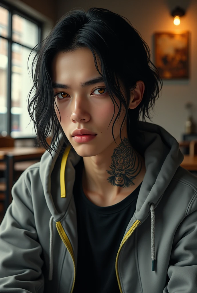 a tall boy of 1.80 long black hair with two yellow strands in front, big amber eyes with a mole on the lower right side of the right eye, He has an abstract tiger tattooed in black tones on the right side of his neck and is wearing a grey jacket and black t-shirt., It's a hyper realistic portrait of him sitting in a cafe