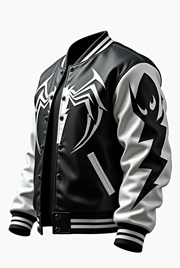 White background . A varsity jacket with black and white colours. A varsity jacket has a realistic black colored venom .Aurex sentence written on Right arm. left arm has realistic black thunder picture. Everything is 4k quality