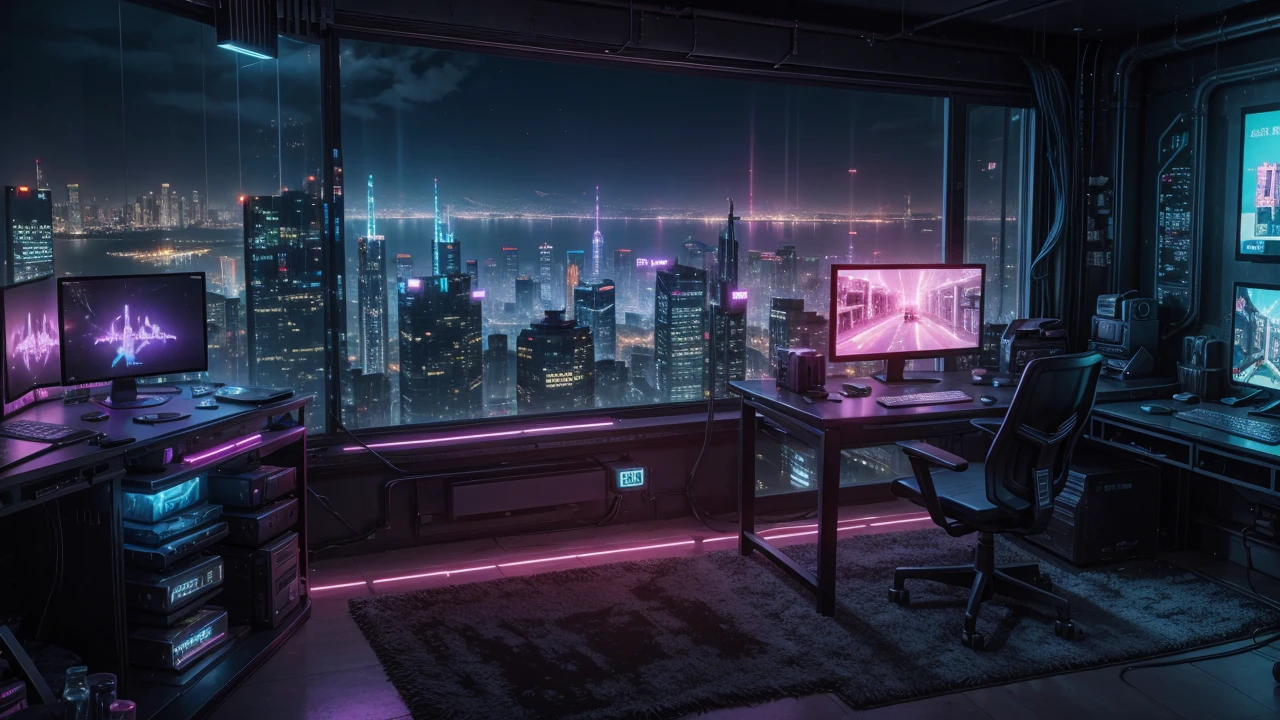 scenery, batcave style in the background, with a computer, cyberpunk, neon, dark, city in background, empty with no one