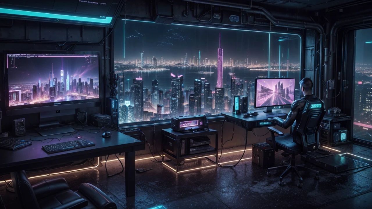scenery, batcave style in the background, with a computer, cyberpunk, neon, dark, city in background, empty with no one