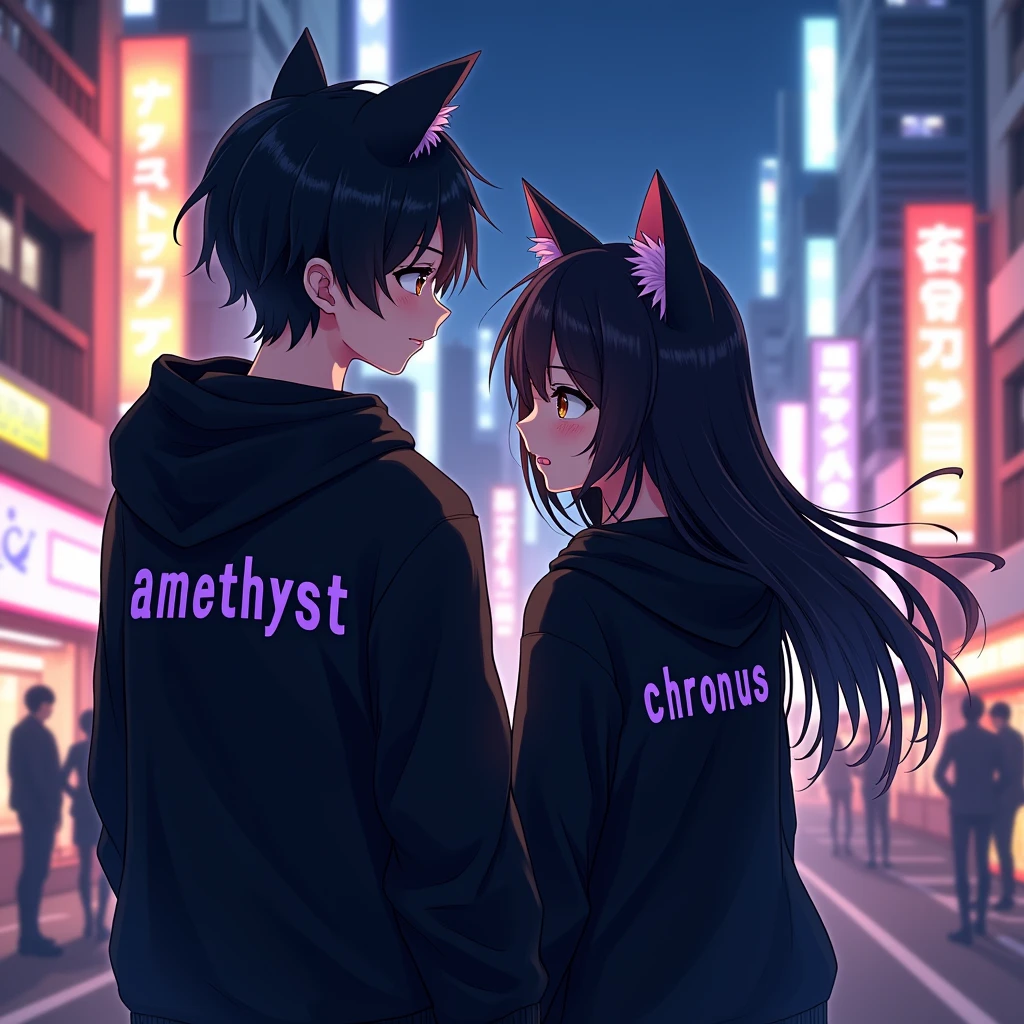 Couple anime wearing black hoodie, with cat ears, with purple text "Amethyst" to the girl
and "Chronus" to the boy, in japan citylights
background, and the girl is long hair