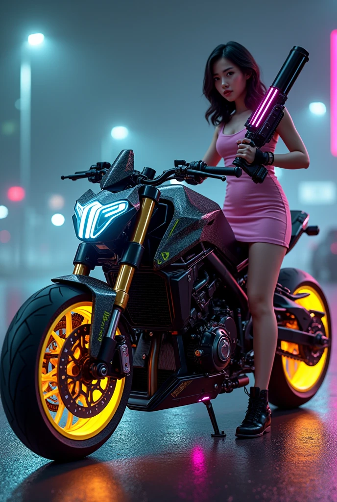 (masterpiece), (best quality), (ultra detailed), create a image, using unreal engine 5, metahuman, 8k , UHD, realistic. an elegant, monster-style modified sports motorbike with complicated and cool modifications in black and gold, with glowing green lights on some parts motorbike, with beside it is a young Korean woman wearing pink short dress, while holding cybernetics weapon with purple lights glowing neons parts, on the road with subtle colorful gradient lights effects. dark background, the tires glowing yellow lights, headlamp blue lights LED.