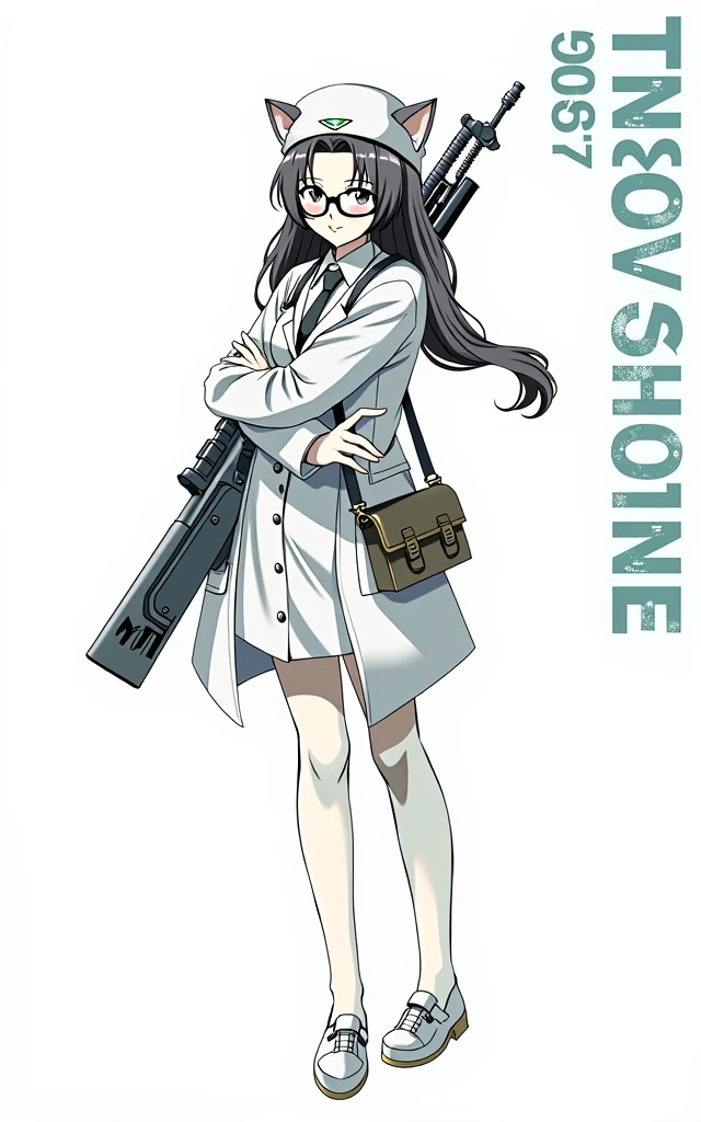 an anime girl wearing glasses with a heavy rilfe gun and a millitary cat hat, scientist girl with labcoat, black hair, anime style, from girls frontline, fine details. girls frontline, girls frontline universe, girls frontline style, girls frontline, girls frontline cg, soft anime illustration, 2 0 2 2 anime style, 2022 anime style, pixiv contest winner, pretty anime character design, render of april