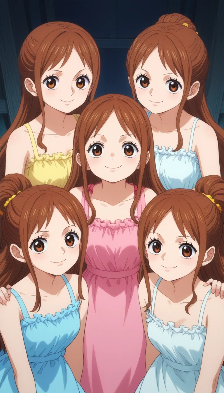 score_9, score_8_up, score_7_up, best quality, masterpiece, source_anime, anime screencap, one_piece_wano_style, clear face, 3girls, 3 ***********s, smiling, Brown hair, smile, looking at viewer, Pretty dresses, three girls, Three ***********s with brown hair and brown eyes looking at the camera and smiling while wearing beige dresses, Identical girls, triplets, three girls, ***********s