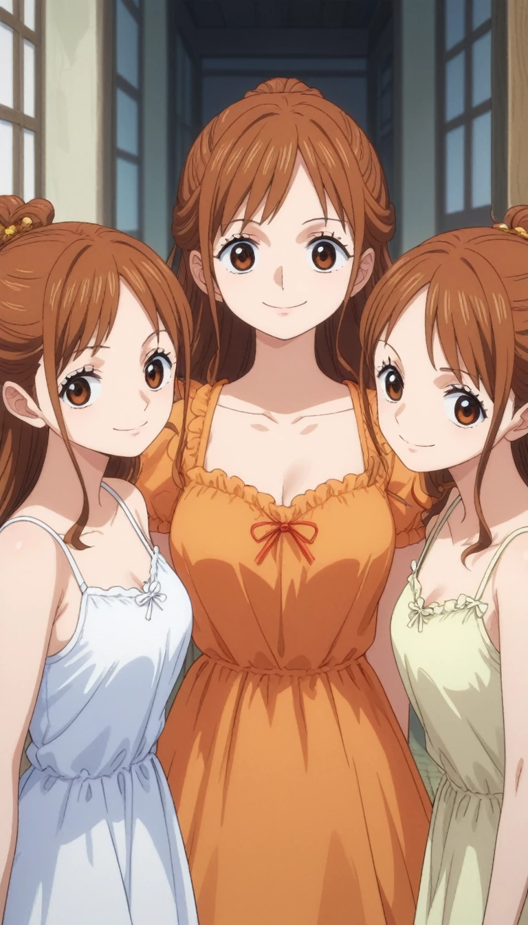 score_9, score_8_up, score_7_up, best quality, masterpiece, source_anime, anime screencap, one_piece_wano_style, clear face, 3girls, 3 ***********s, smiling, Brown hair, smile, looking at viewer, Pretty dresses, three girls, Three ***********s with brown hair and brown eyes looking at the camera and smiling while wearing beige dresses, Identical girls, triplets, three girls, ***********s