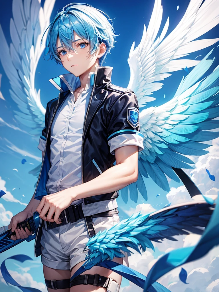 Short Sky Blue hair boy wearing agent outfit have 2 sky blue wings 1 sky blue blade