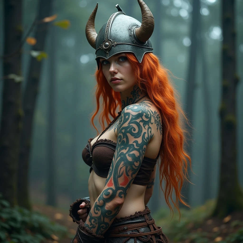 Gosh darn_Science fiction_v2, portrait of a very beautiful young ginger viking warrior, highly Tattooed with ghostly and brightly colored tribal tattoos, gorgeous body, in a Viking helmet in front of a smoky forest, Close-up, victory pose and attitude., nude:1.7, 8K, (skin texture:1.1), (Sweaty body 1.1), (Skin shine 1.1), (highly detailed face:1.1), Highly detailed body, Very detailed tattoos), (Realistic Ultra High Definition, 8K, ultra high resolution, film grain, cinematic lighting, Rim lighting, photo by Arnie Freytag, nsfw: 1.7, breasts exposed: 1.4,