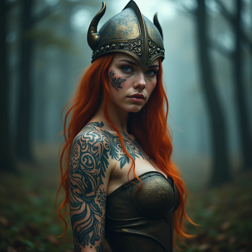 Gosh darn_Science fiction_v2, portrait of a very beautiful young ginger viking warrior, highly Tattooed with ghostly and brightly colored tribal tattoos, gorgeous body, in a Viking helmet in front of a smoky forest, Close-up, victory pose and attitude., nude:1.7, 8K, (skin texture:1.1), (Sweaty body 1.1), (Skin shine 1.1), (highly detailed face:1.1), Highly detailed body, Very detailed tattoos), (Realistic Ultra High Definition, 8K, ultra high resolution, film grain, cinematic lighting, Rim lighting, photo by Arnie Freytag, nsfw: 1.7, breasts exposed: 1.4, 