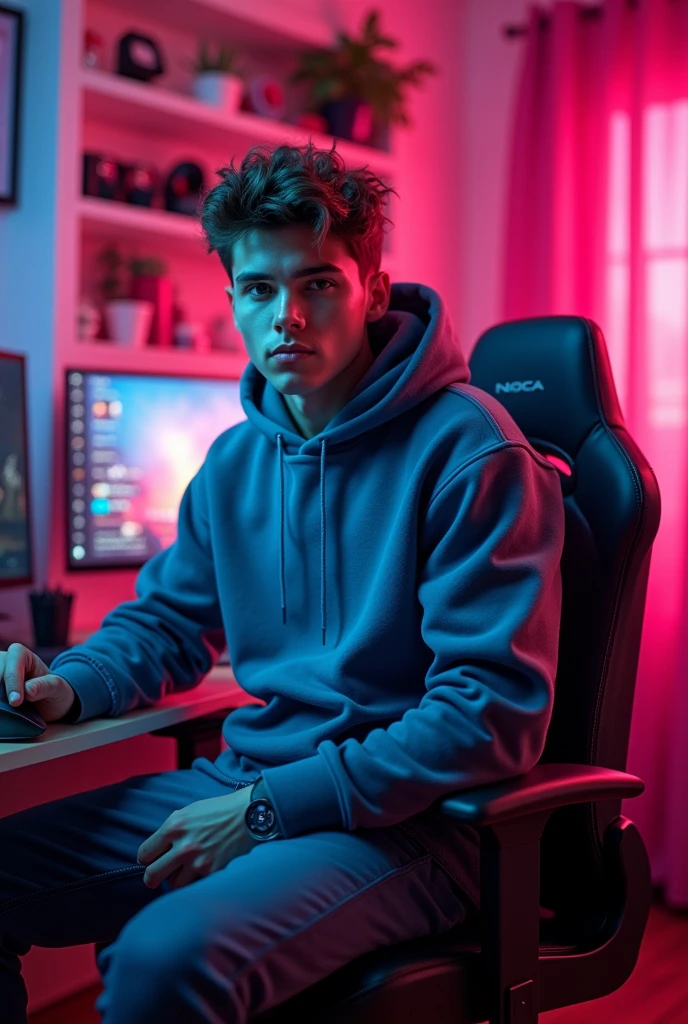 A 20 year old boy in gaming room attitude poses background RGB light