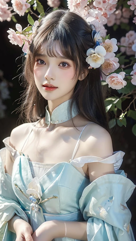 a close up of a woman in a dress with flowers in her hair, a photorealistic painting by Lü Ji, cgsociety, fantasy art, cgsociety 9, jingna zhang, xianxia