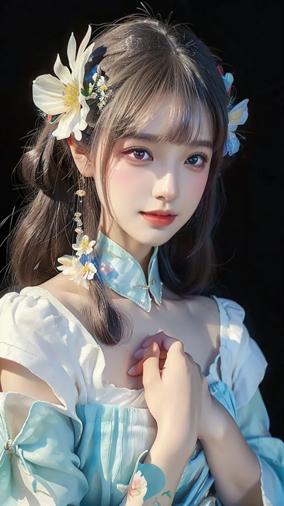 a close up of a woman in a dress with flowers in her hair, a photorealistic painting by Lü Ji, cgsociety, fantasy art, cgsociety 9, jingna zhang, xianxia