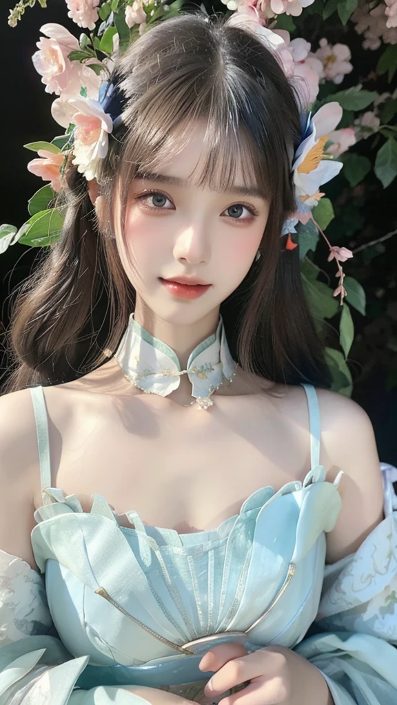 a close up of a woman in a dress with flowers in her hair, a photorealistic painting by Lü Ji, cgsociety, fantasy art, cgsociety 9, jingna zhang, xianxia