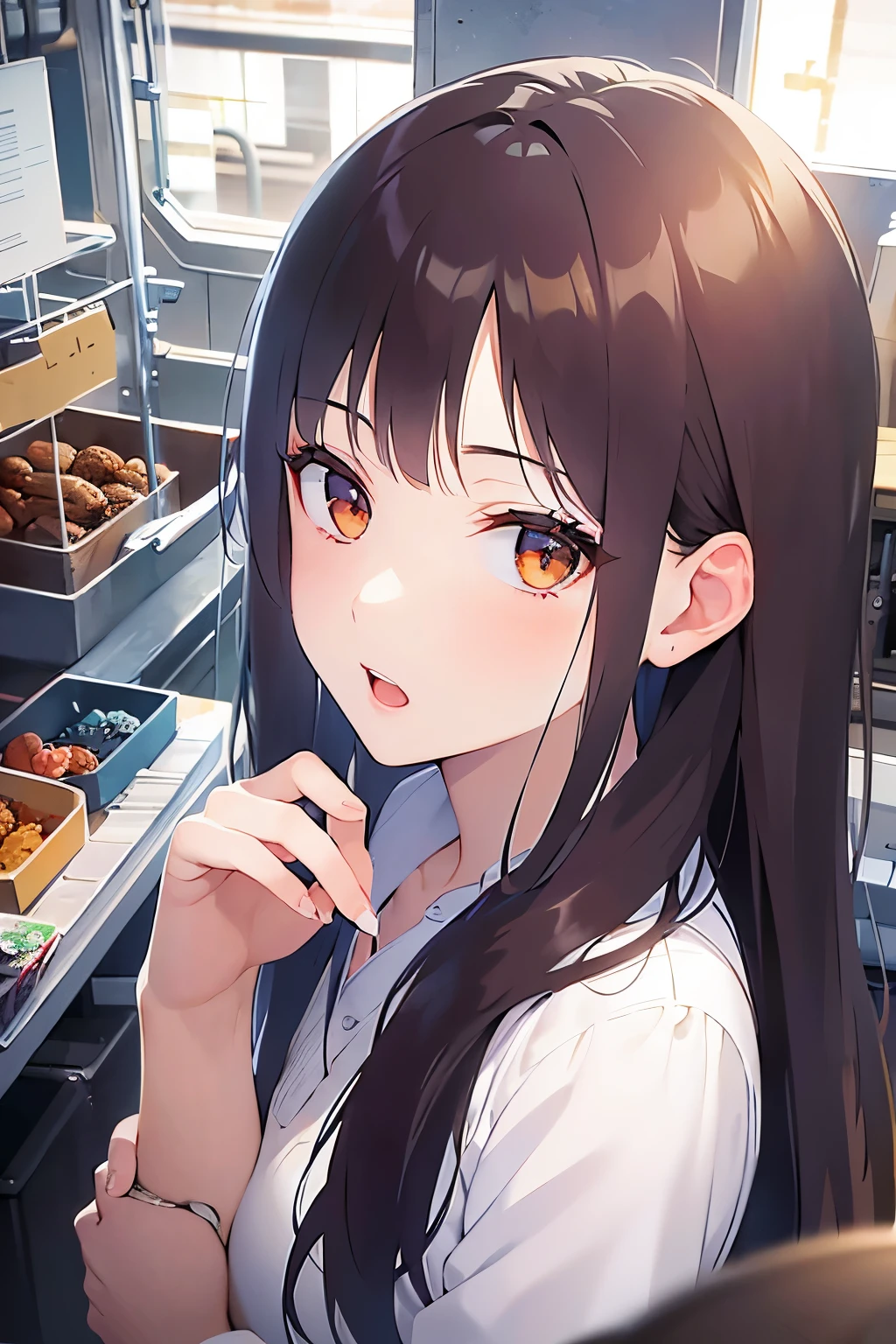 leaning forward、Shooting from above、Hands on the chin、Upper Body, Realistic, real person, (pale skin: 1.2), RAW photo, photorealistic, shiny skin, shiny hair、 (A 2 woman with medium-length hair and bangs) and (wavy hair) and (brown hair) and (orange eyes),(white collared shirts)、 surprised、open mouth,,Assembly line、(factory:1.5),(alone:1.5)