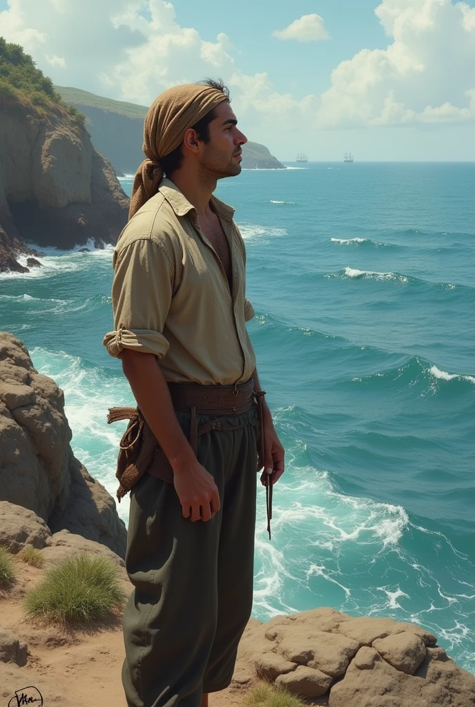 GENERATES A FISHERMAN IN THE 1800'S JOSE OLAYA LOOKING AT THE SEA ABOUT TO SWIM 2 KM WITH A SCARF ON HIS HEAD without a beard without many muscles about 30 years old