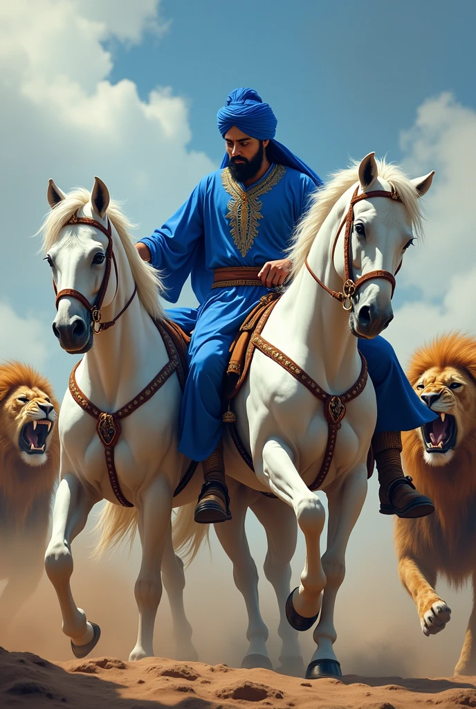 A Nihang singh wearing blue colour clothes and sit on the two white horse and fighting with the three lions.