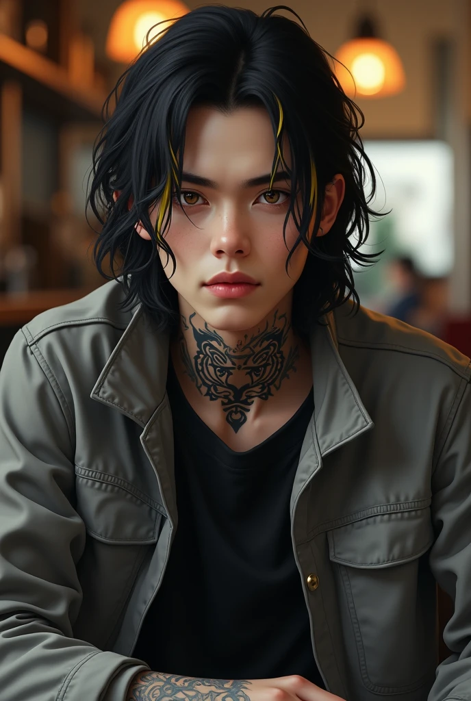 a tall boy of 1.80 long black hair with two yellow strands in front, big amber eyes with a mole on the lower right side of the right eye, He has an abstract tiger tattooed in black tones on the right side of his neck and is wearing a grey jacket and black t-shirt., It's a hyper realistic portrait of him sitting in a cafe