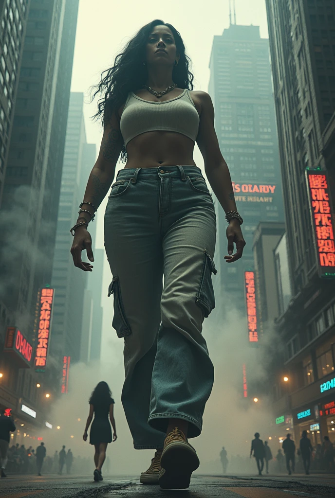 "A towering Giantess Cardi B mom in a cool and laid-back hippie style is rocking a crop top and baggy pants. Her toned and athletic build hints at her massive strength. She seems to be casually strolling through the bustling cityscape of GTS City, as towering buildings loom overhead. Smoke and clouds roil around her, adding to the sense of epic scale and drama. The lighting is dark, gloomy, and realistic, creating a tense and ominous atmosphere. The perspective is from below, emphasizing the sheer majesty and power of the Giantess."