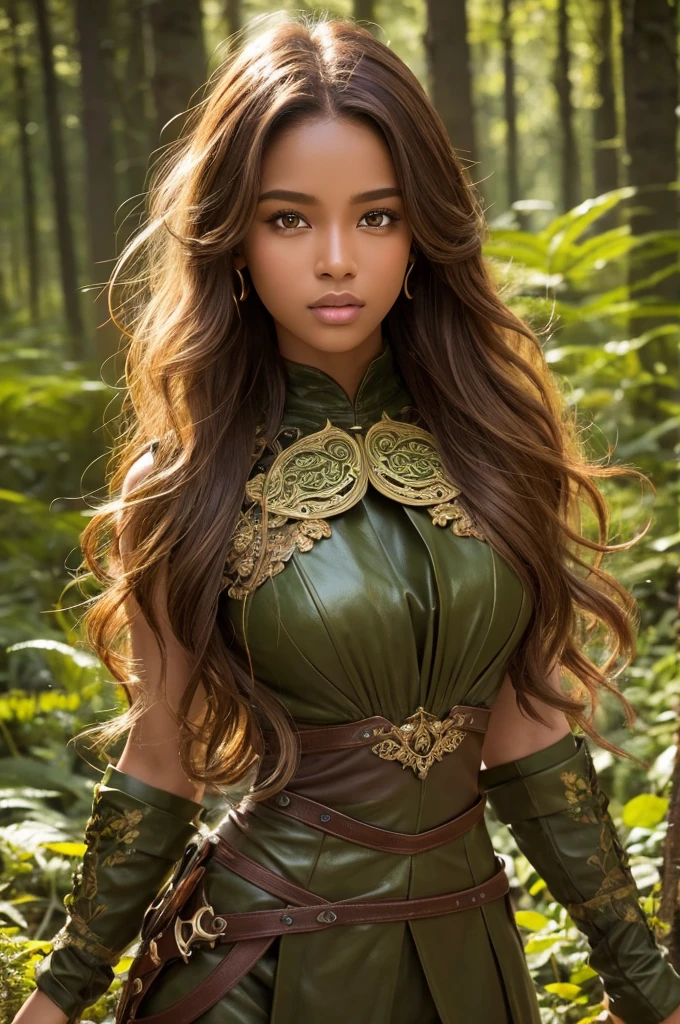 dark skin, detailed beautiful young woman, reddish golden brown hair, long, wavy and messy hair, detaiiled perfect green eyes, delicate symmetric realistic and beautiful face, (magic forest backgroung),  ranger outfit leather armored, fairy, wild flowers blending into hair, full body, masterpiece, absurdres,fine detail, rich colors, dramatic lighting, extremely detailed, cinematic lighting