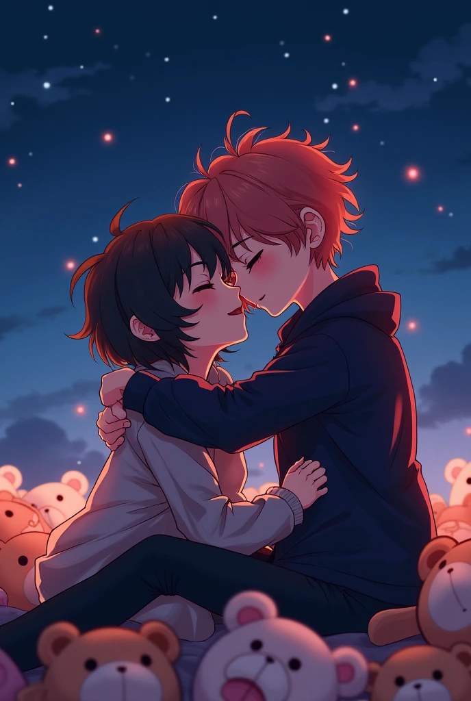 Two very happy emo best friends hugging at night on a starry night we lay in bed full of teddy bears