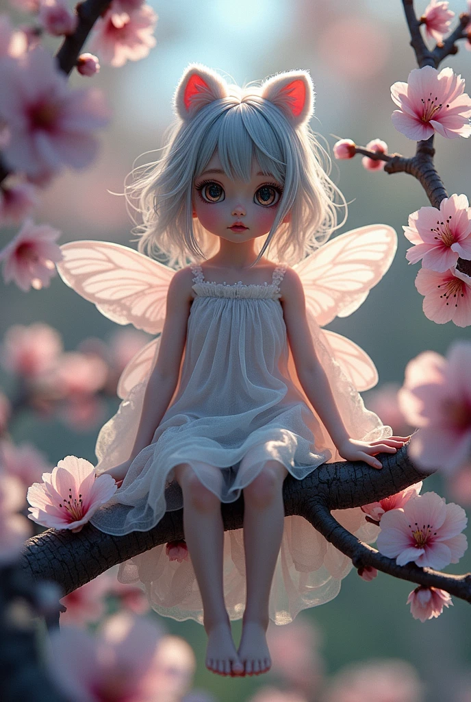 Super mini size、eye々crisp、One eye is green、the other eye is brown.、length, Curled eyelashes、Hair is silver、Raccoon Ears、You&#39;re wearing fluttery clothes、Beautiful fairy、Is that the cherry tree in the background??、Goodbye Poem、Drawing of Life