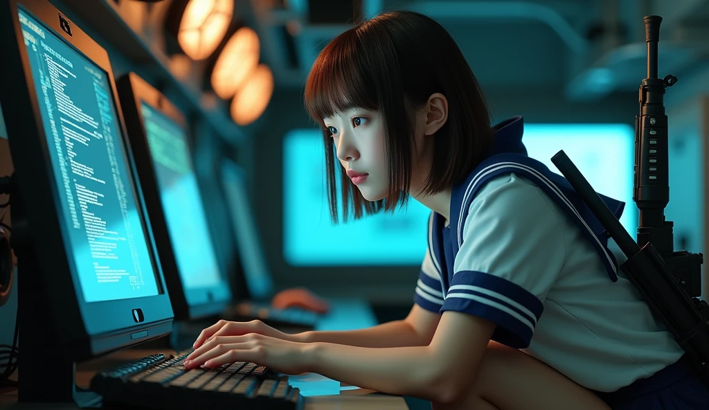 Browsing Caution:-2, Photorealistic, Highly realistic photos, (Highest quality:1.37), 32K resolution, (Realistic:1.37), (Ultra-realistic:1.37), High resolution UHD, Realistic, crouching:1.37, Beautiful Hacker, (face the computer:1.37), (Hacking is taking place:1.37), Anatomically correct５Finger, Front view:1.5, Close your lips, Portrait of a Japan woman:1.21, School uniforms, Sailor uniforms from famous Tokyo Metropolitan High Schools, Short sleeve clothing, Short-sleeved sailor uniform:1.21, sera fuku:1.21, The upper body is wearing a uniform:1.21, Navy blue micro skirt, With a Japanese sword and an assault rifle on his back;1.21, Brown Hair, Bob Cut Hair, Inside an aircraft carrier in an emergency:1.21, On the bridge of an aircraft carrier that had lost power:1.21, In the control room of an aircraft carrier:1.21, Justice, Responsibility, Students in the 1970s, Cute Japanese woman's face:1.21, Sharp eyebrows:1.37, Active photos, Retro Photography, Dynamic and cinematic lighting,