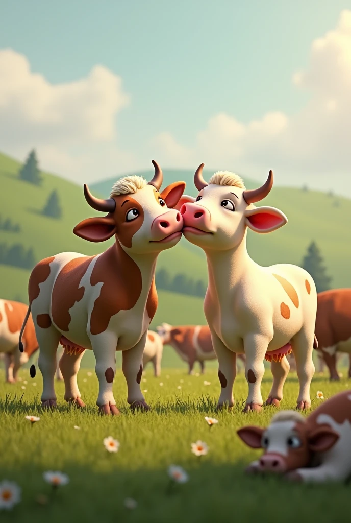 Cows with best friends: A peaceful pasture scene where two cows stand closely together, nuzzling each other affectionately, while other cows graze nearby, showcasing their bond.