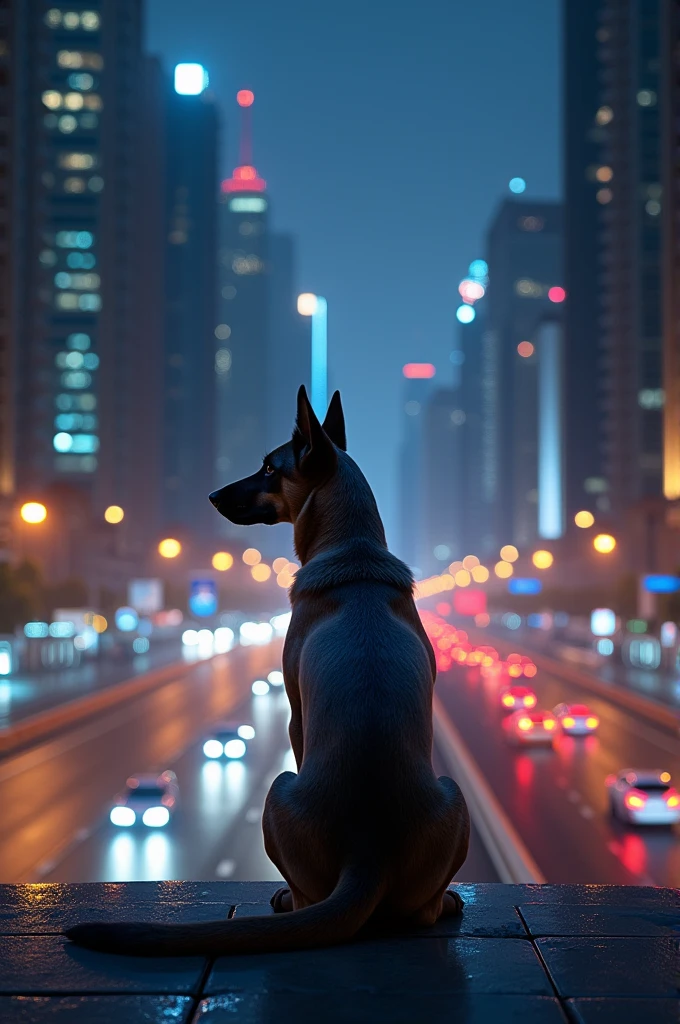 One dog Sit on that in Dubai city at night 