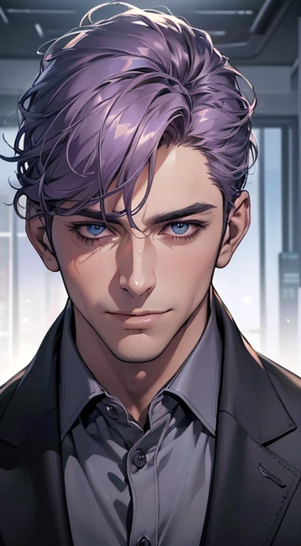(best quality,4k,8k,highres,masterpiece:1.2),ultra-detailed,(realistic,photorealistic,photo-realistic:1.37),1 man,3,mature man,very handsome,without expression,smile,short grey purple hair,blue eyes,penetrating gaze,perfect face without errors,imposing posture,businessman,office background,cinematic lighting,hdr image