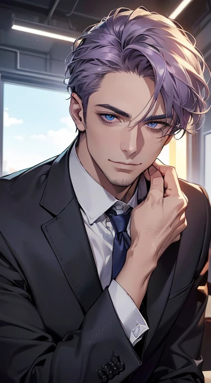 (best quality,4k,8k,highres,masterpiece:1.2),ultra-detailed,(realistic,photorealistic,photo-realistic:1.37),1 man,3,mature man,very handsome,without expression,smile,short grey purple hair,blue eyes,penetrating gaze,perfect face without errors,imposing posture,businessman,office background,cinematic lighting,hdr image