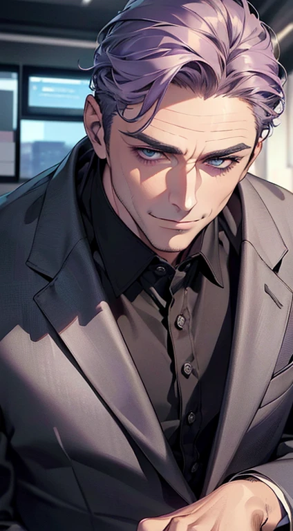 (best quality,4k,8k,highres,masterpiece:1.2),ultra-detailed,(realistic,photorealistic,photo-realistic:1.37),1 man,3,mature man,very handsome,without expression,smile,short grey purple hair,blue eyes,penetrating gaze,perfect face without errors,imposing posture,businessman,office background,cinematic lighting,hdr image