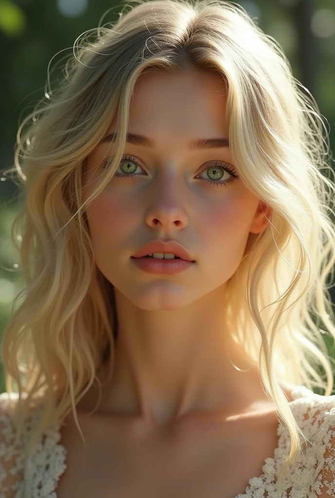 (photorealism:1.2), Dame una imagen de una joven slim, with blonde hair and green eyes, slim, with luminous skin and wavy golden hair, with a premature beauty and an incredible innocence