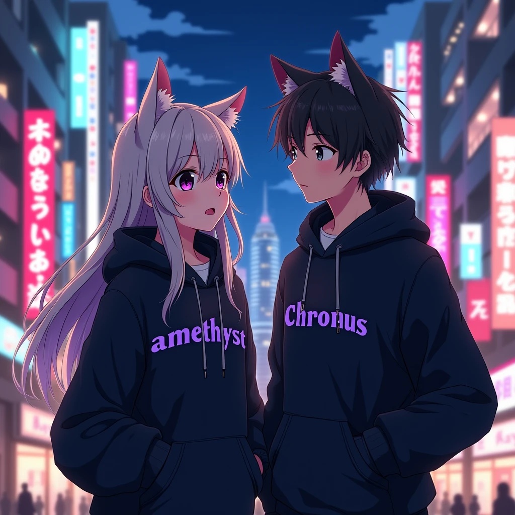 Couple anime wearing black hoodie, with cat ears, with purple text "Amethyst" to the girl 
and "Chronus" to the boy, in japan citylights 
background, and the girl is long hair
