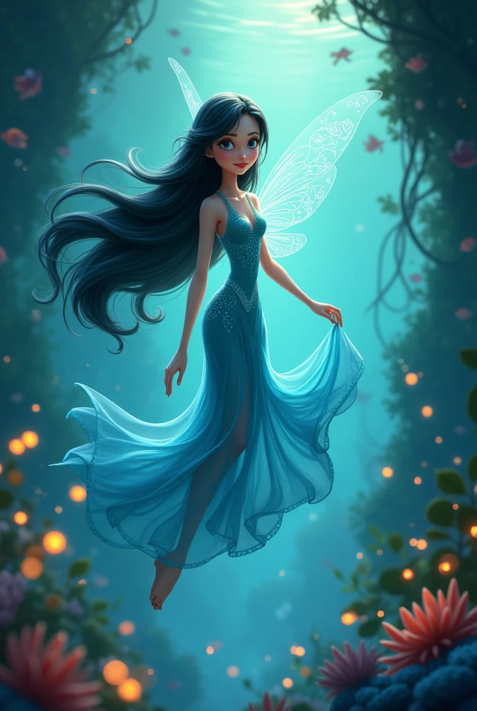 pixar image, a water fairy, long dark hair, Tinkerbell's friend, mid blue dress