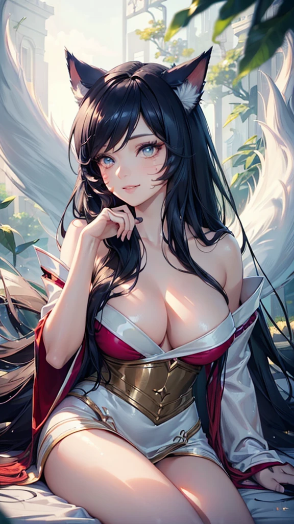 (best quality,ultra-detailed,realistic:1.37),Ahri,spa,luxurious,relaxing atmosphere,beautiful detailed eyes,beautiful detailed lips,smiling,bathrobe,sitting upright,black hair,nine white tails,peaceful background,portraits,vivid colors,soft lighting,tranquil ambiance, bare breasts