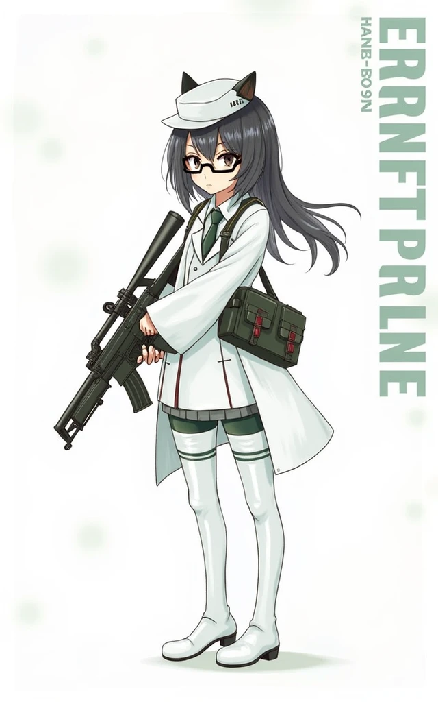 an anime girl wearing glasses with a heavy rilfe gun and a millitary cat hat, scientist girl with labcoat, black hair, anime style, from girls frontline, fine details. girls frontline, girls frontline universe, girls frontline style, girls frontline, girls frontline cg, soft anime illustration, 2 0 2 2 anime style, 2022 anime style, pixiv contest winner, pretty anime character design, render of april