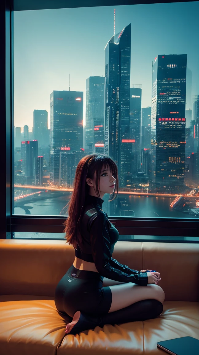 Anime girl sitting on a sofa in a room with a city view, Zen Meditation Cyberpunk, realism | Beep, Beep style, style hybrid mix of Beep, Beep daily art, in style of Beep, 3 d render Beep, style of alena aenami, Cyberpunk atmosphere