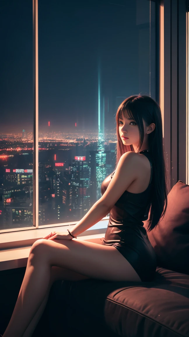 Anime girl sitting on a sofa in a room with a city view, Zen Meditation Cyberpunk, realism | Beep, Beep style, style hybrid mix of Beep, Beep daily art, in style of Beep, 3 d render Beep, style of alena aenami, Cyberpunk atmosphere