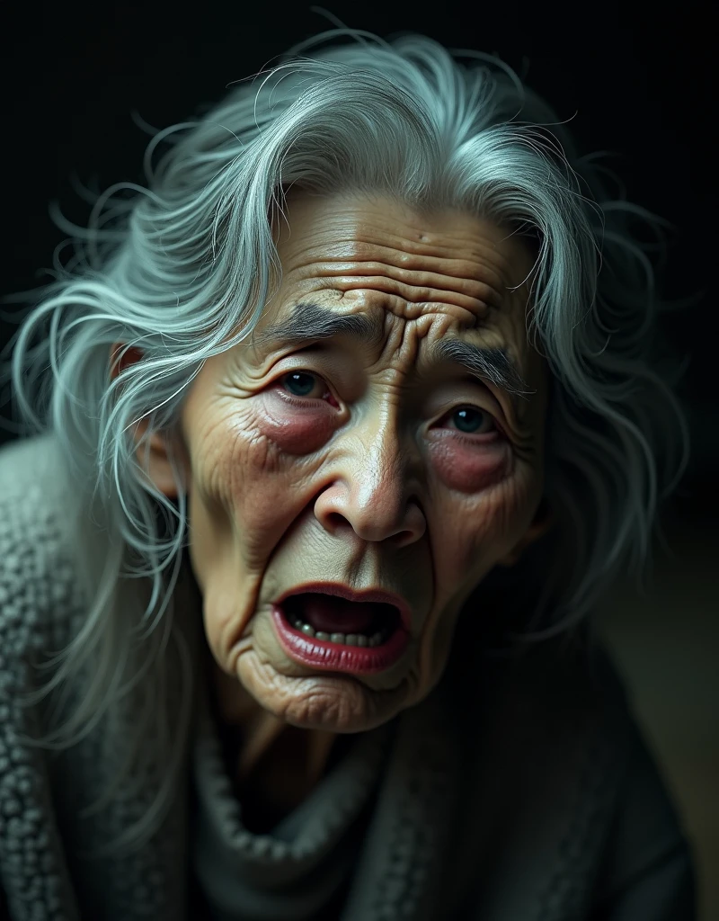 (masterpiece:1.4),(6 Female:1.5),(facial wrinkles 1.2), (Wearing a white kimono), Elderly women, ((90 years old)), Gray Hair, horror film, ((Crying in fear)), View your viewers, ((Japanese)), (Mouth slightly open), Her hair is long and unkempt., The face is turned to the side, Sweating, 